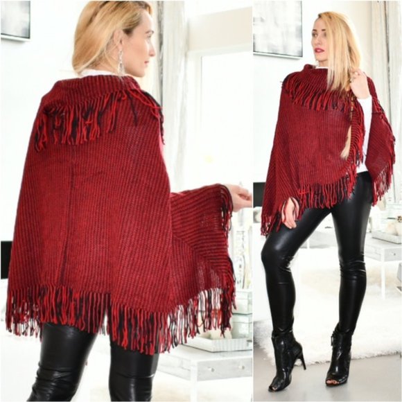 PONCHO BURGUNDYFRINGE DETAILED - Picture 3 of 5